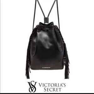 NWT, VS black faux leather fringed backpack